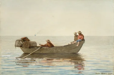 Drei Jungen in einem Dory mit Hummerfallen